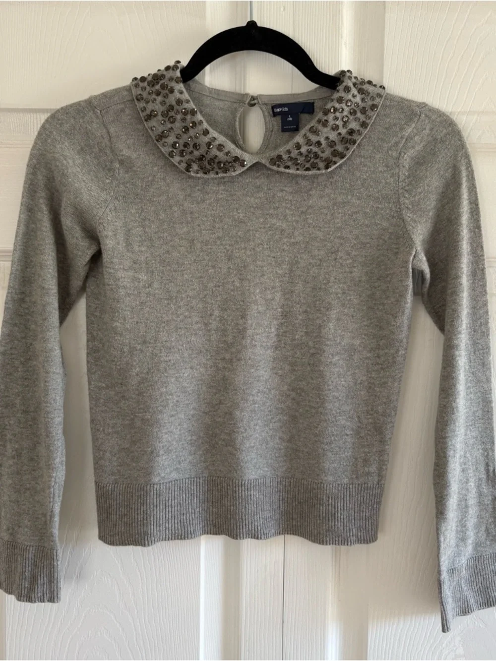 Gap Peter Pan Embellished Rhinestone Collar Heather Grey Cotton Sweeter 10 Soft‎